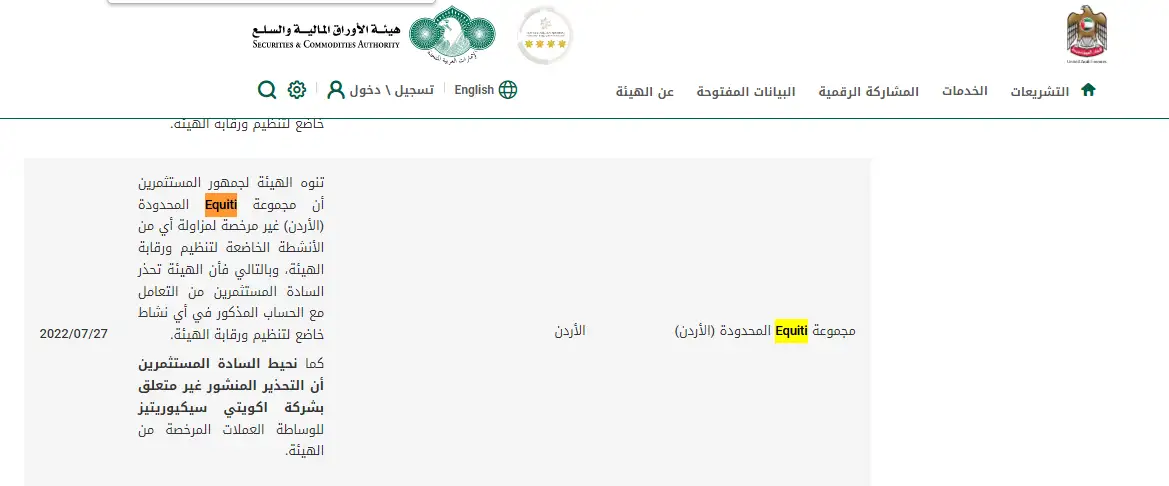 ادعاء شركة اكوتي Equiti المحدودة الاردن ترخيص مزيف 