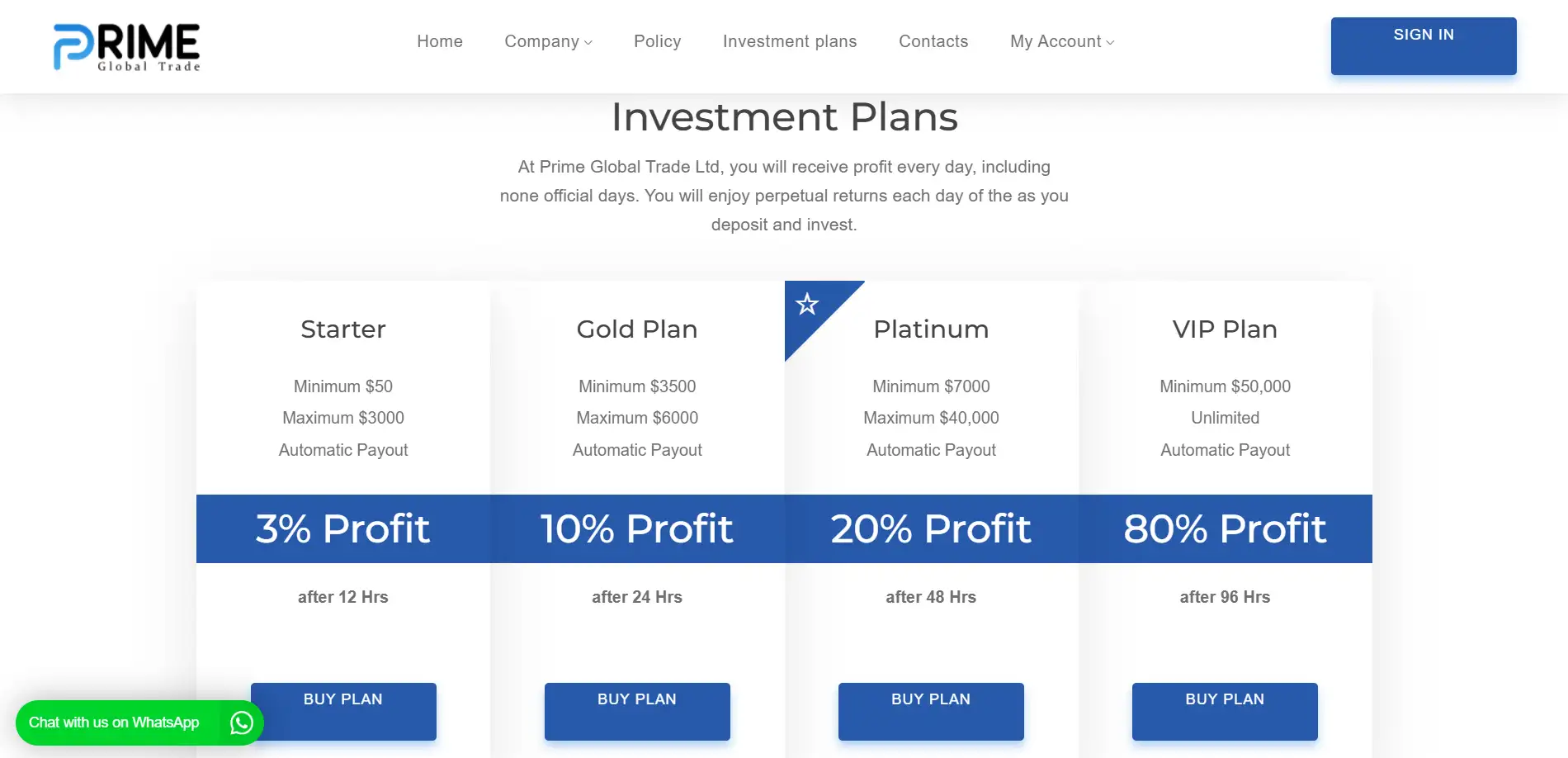 باقات الاستثمار المزيفة في برايم جلوبال تريد