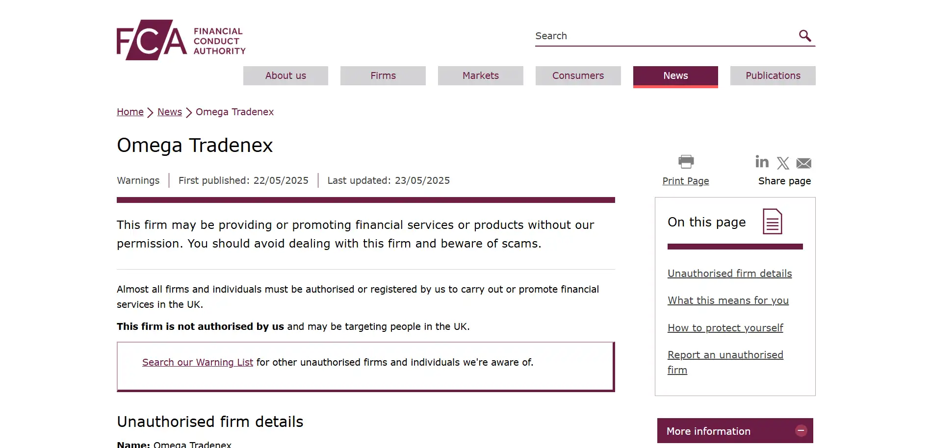 تحذير سلطة السلوك المالي من اوميجا تريدنكس