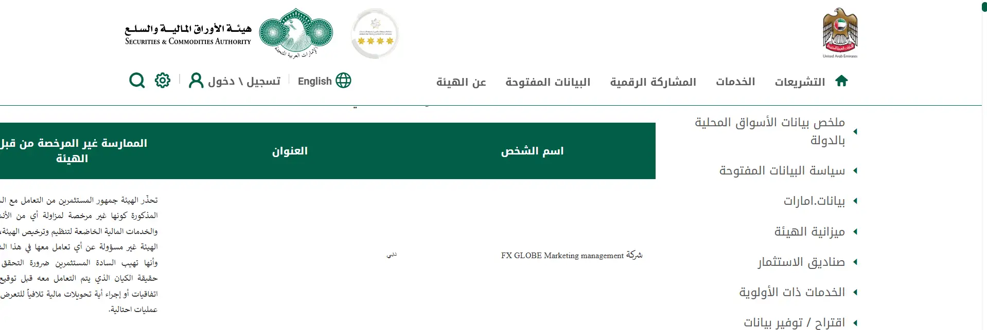 تحذير نصب من هيئة SAC ضد إف إكس غلوب